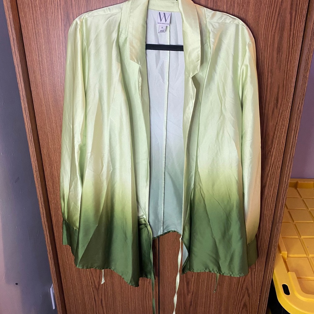 Worthington Blouse Women XL Green Ombre Satin Open Front Tie Hem Long Sleeve